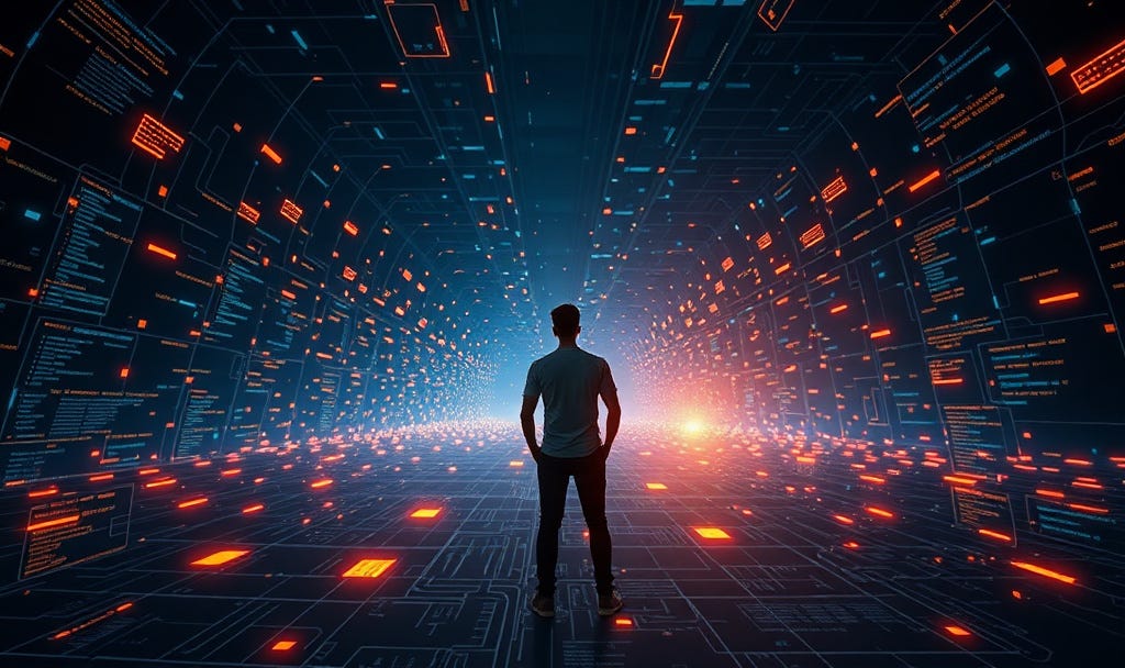 A developer standing inside a vast holographic blueprint of interconnected data nodes, glowing XML tags floating in the air like building blocks, dark background with deep blue and amber light, wide angle, cinematic lighting, futuristic minimalist style