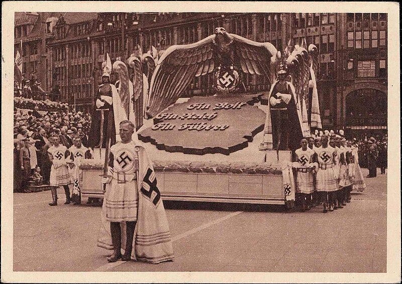 File:Festzug Schonheit u Freude zur 5 Reichstagung der Kraft durch Freude KdF Hamburg 1939 Der erhebende Anschluss Wagen Gross-Deutschland Ein Volk Reich Fuhrer Broschek Nazi Germany propaganda parade postcard No known copyright 01.jpg