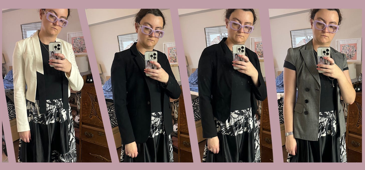 a sequence of 4 selfies of a woman in different style blazers