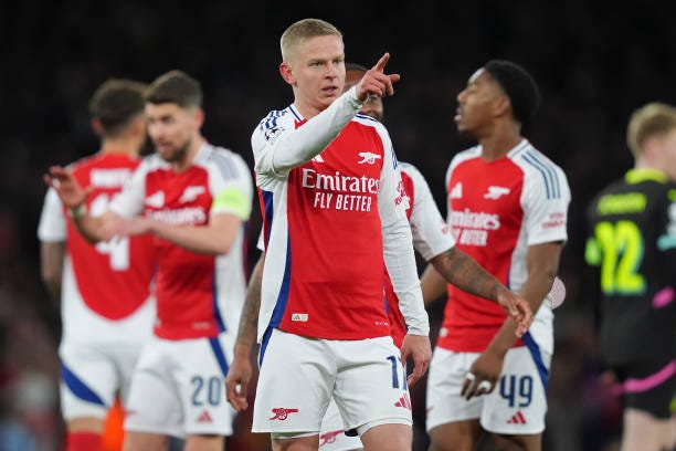 Oleksandr Zinchenko of Arsenal celebrates 1-0 during the UEFA Champions League match between Arsenal v PSV at the The Emirates on March 12, 2025 in...