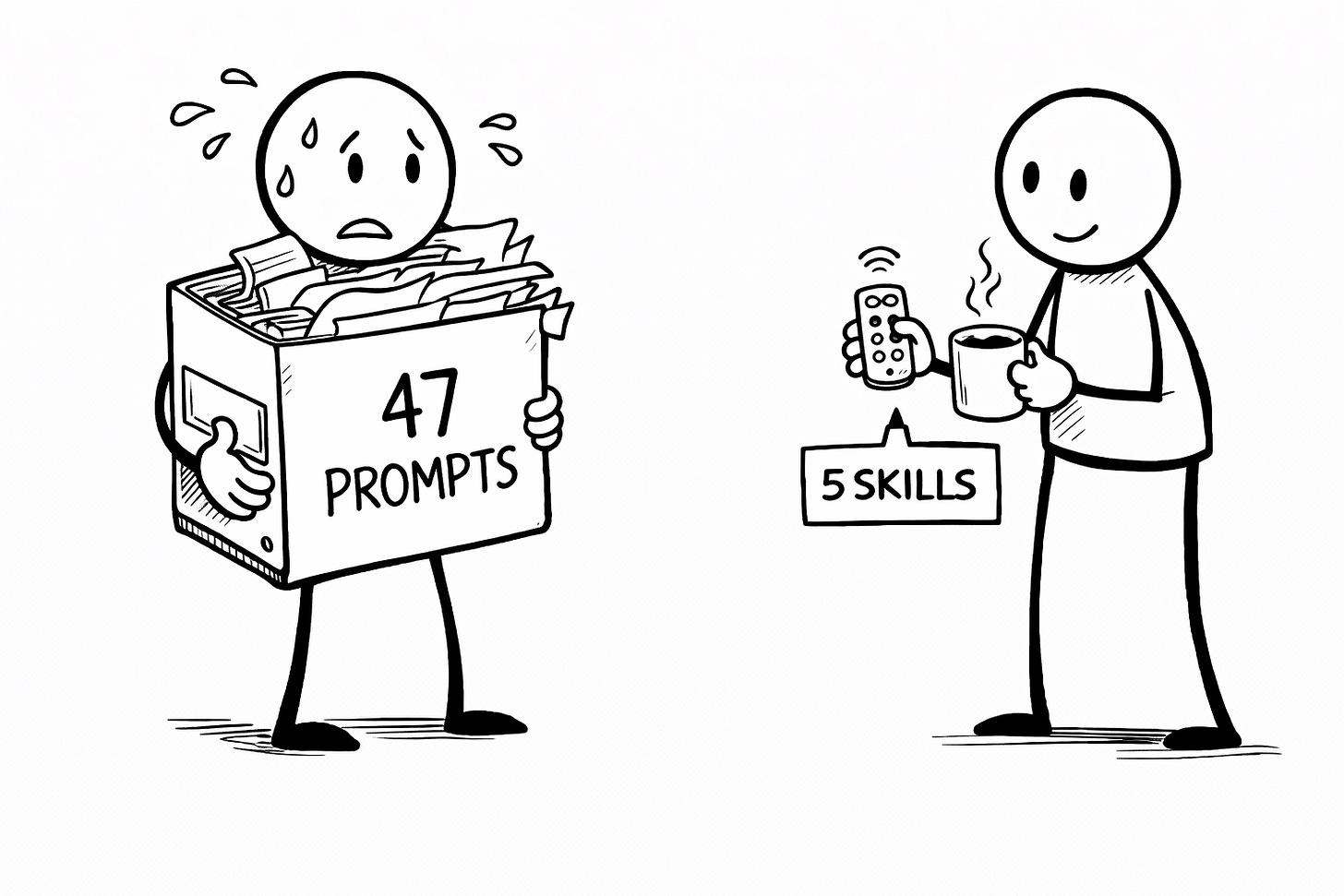Comparison illustration showing a stressed stick figure struggling to carry an overflowing box labeled 47 Prompts versus a relaxed stick figure holding a remote control and coffee with a small 5 Skills toolbelt, demonstrating the difference between a bloated AI prompt library and a streamlined reusable skills workflow Comparison illustration showing a stressed stick figure struggling to carry an overflowing box labeled 47 Prompts versus a relaxed stick figure holding a remote control and coffee with a small 5 Skills toolbelt, demonstrating the difference between a bloated AI prompt library and a streamlined reusable skills workflow
