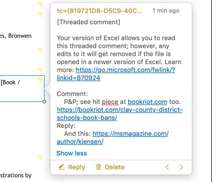 Screen shot of bruce friedman's spreadsheet of naughty books on why my books ended up on the list. Screen shot of bruce friedman's spreadsheet of naughty books on why my books ended up on the list.