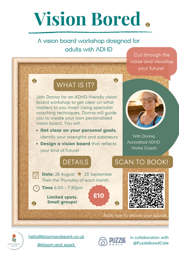 1) Two people by the door of a cafe showing a poster for a vision bored event 2) Poster for a vision board event called 'Vision Bored' with Donna, ADHD Coach