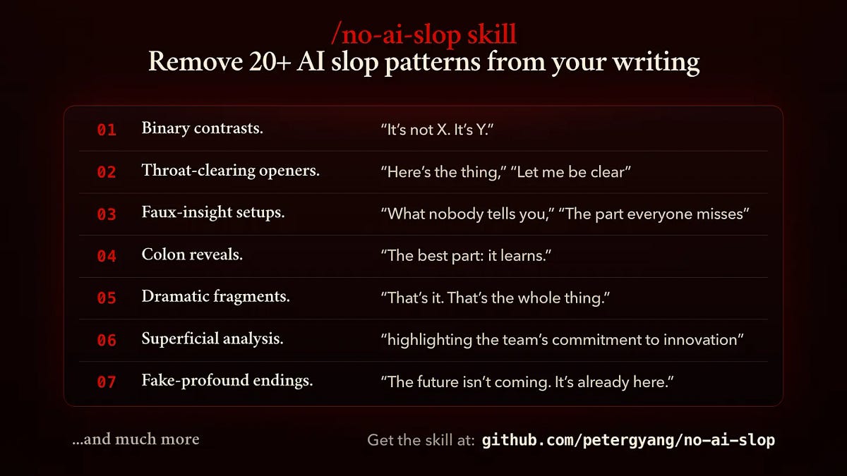 Use My /No-AI-Slop Skill to Remove 20+ Patterns of AI Slop From Your Writing (3 minute read)