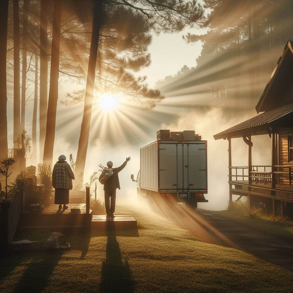 A moving van is leaving through the morning fog. Sunrise light is shafting through the trees. The old couple stands on the porch of their cabin, waving goodbye. 