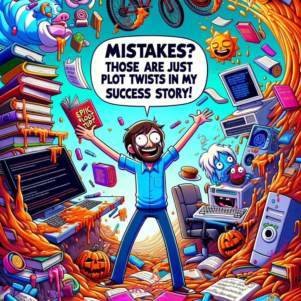 Chaotic, cartoon-style image of a person gleefully standing amidst an even greater array of mistakes, like a toppling stack of books,