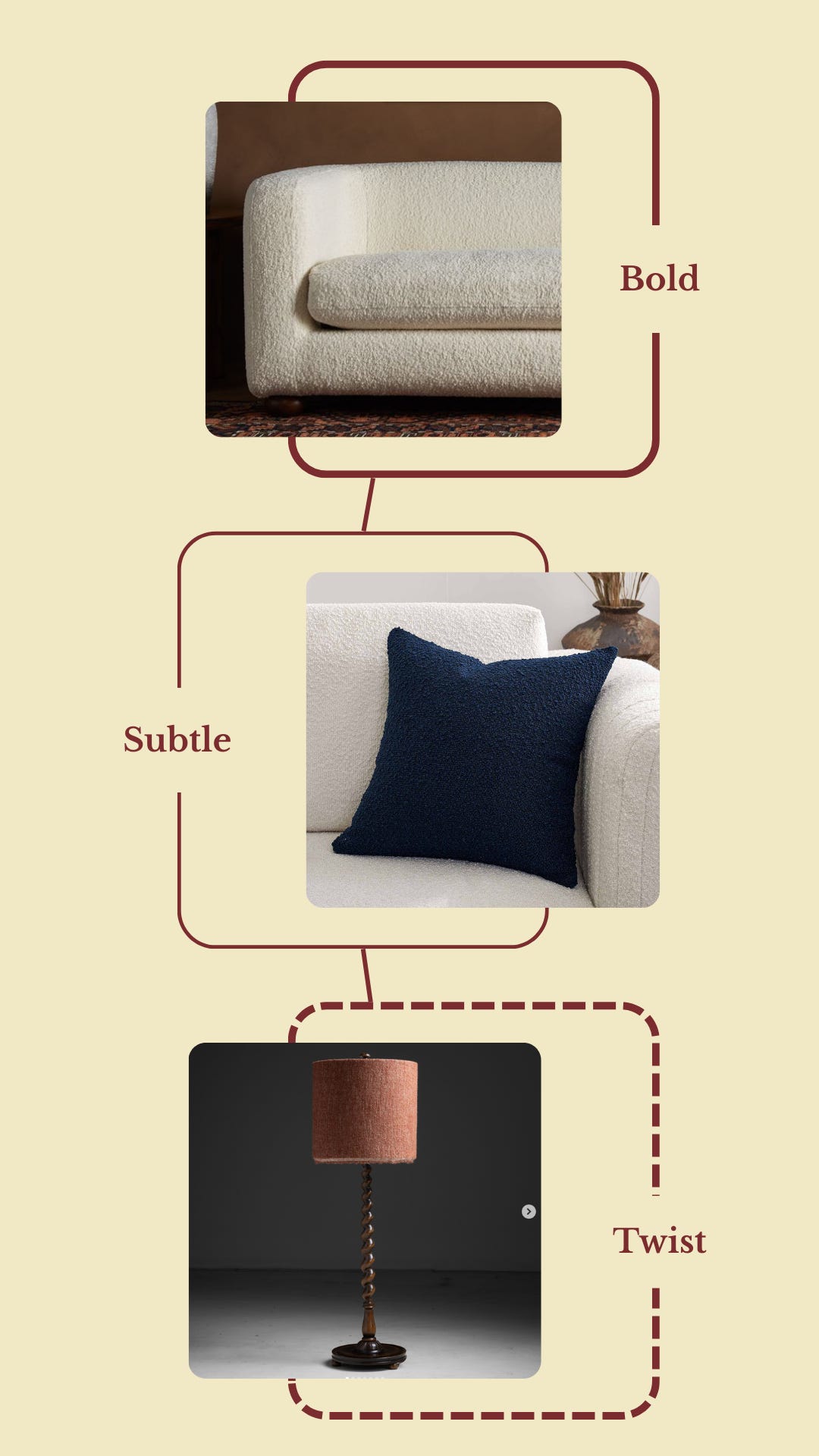image of boucle sofa, boucle pillow, and boucle lampshade.