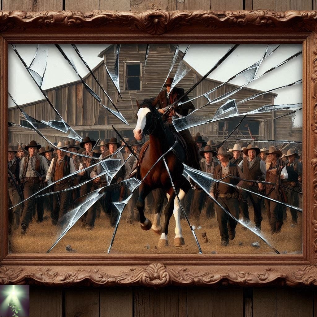 Picture in frame with shattered glass. Western scene, cowboy on horseback with ranch hands. 