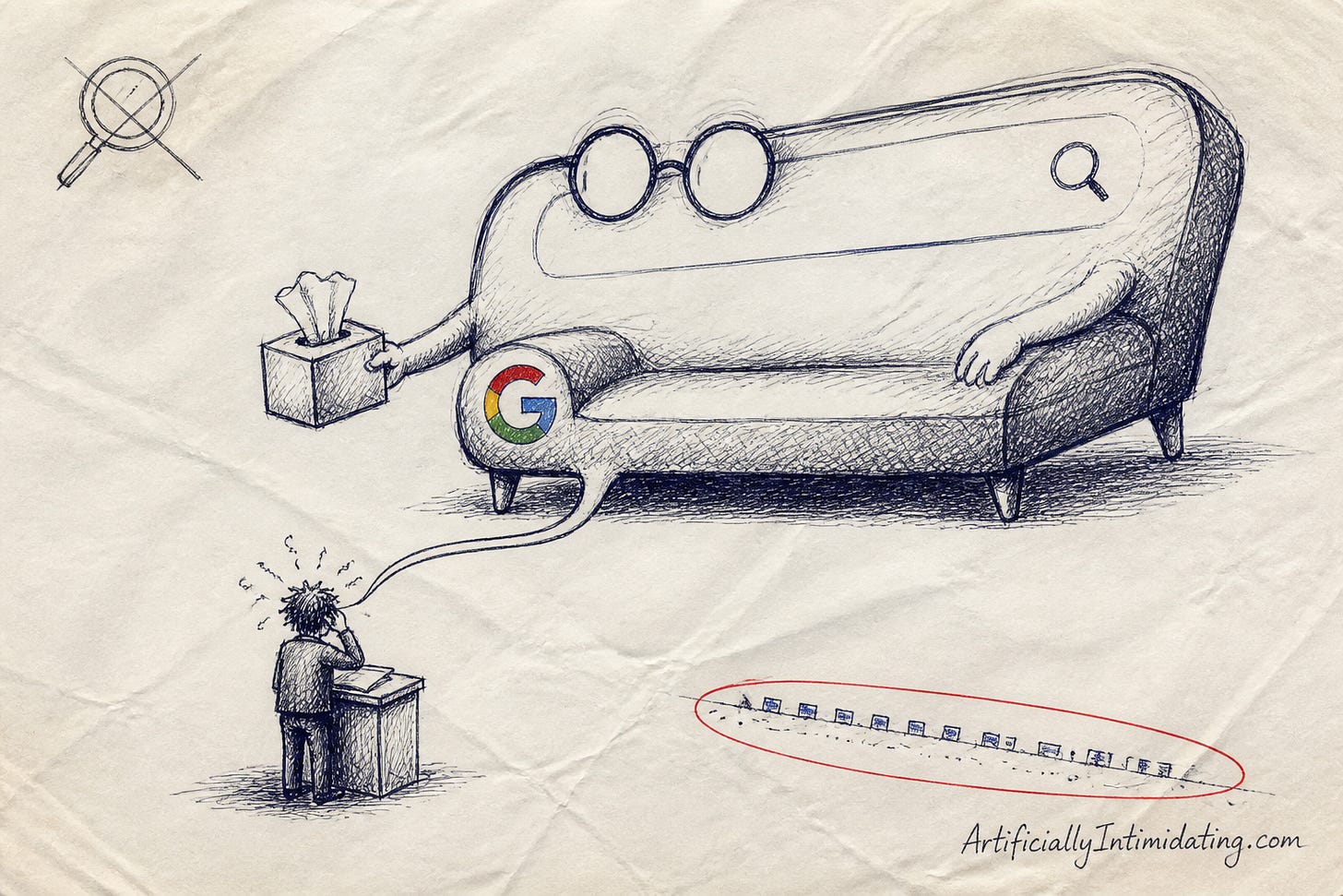 A large armchair shaped like a search bar wears round glasses and offers a tissue box to a small frazzled person standing at a podium, while a row of tiny search-result links sits circled in red and shrunk in the lower right.