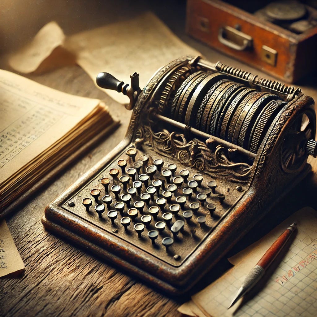 A vintage mechanical calculator sitting on an old wooden desk, surrounded by scattered papers and an open ledger. The calculator has a worn metal casing, intricate keys, and a lever, evoking a rustic, early 20th-century feel. Soft, warm lighting casts subtle shadows, emphasizing the texture of the wood and the aged appearance of the calculator.