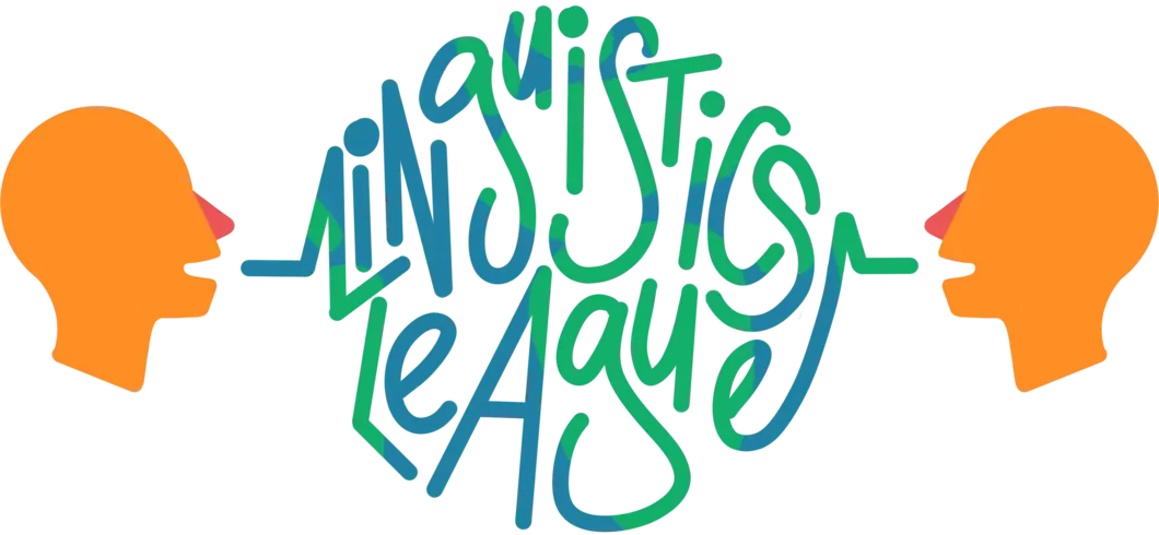 Banner image for Linguistics League, showing two heads facing each other speaking the words Linguistics League in stylized curly script.