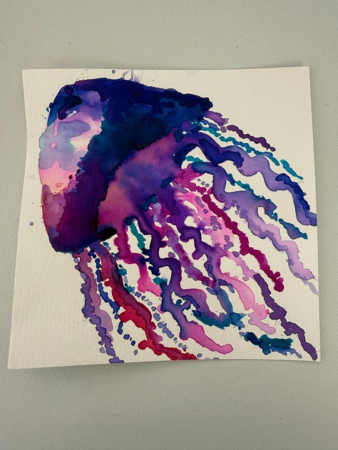 Megan Falley watercolor paintings of flowers, an octopus, a night sky, a jellyfish, her and Andrea walking through the forest, and berries on a branch