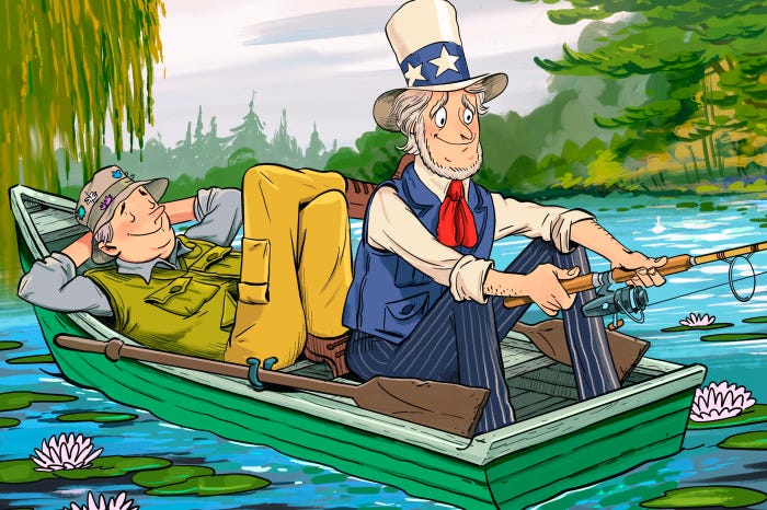 Illustration of a man in a fishing hat relaxing in a boat while Uncle Sam fishes in front of him.