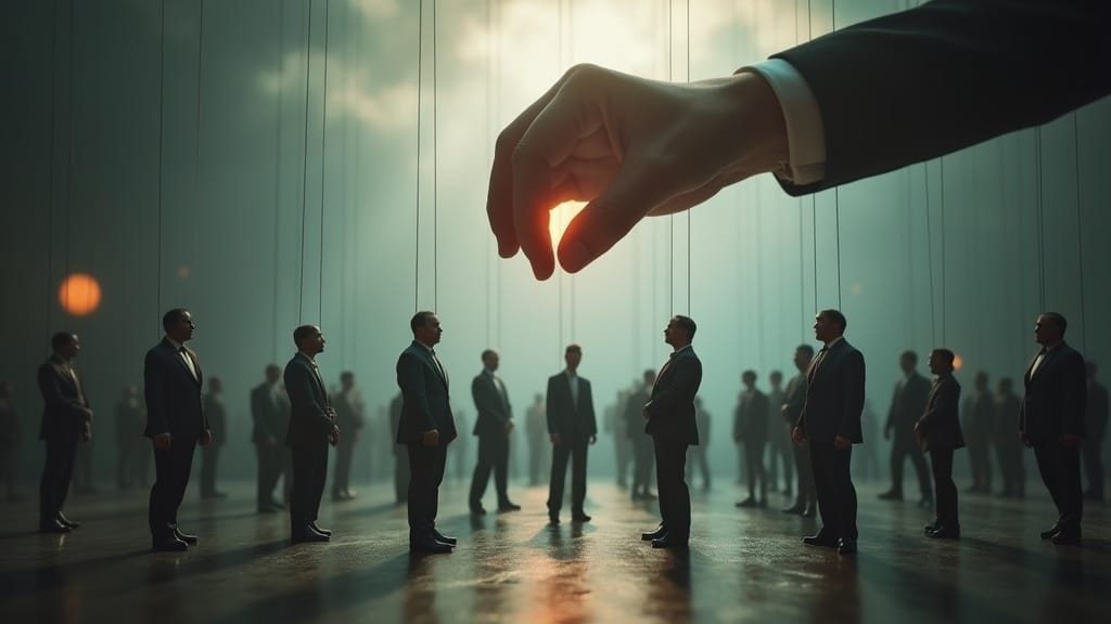 ultra-realistic photo, highest resolution, a number of people acting like puppets dangling on unseen strings, a "puppet ...