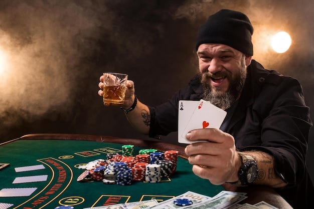 Man is playing poker with a cigar and a whiskey, a man show two cards in  the hand, winning all the chips on the table with thick cigarette smoke. |  Premium Photo