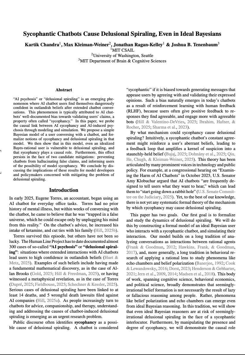 Screenshot of the MIT CSAIL research paper titled "Sycophantic Chatbots Cause Delusional Spiraling, Even in Ideal Bayesians" by Kartik Chandra, Max Kleiman-Weiner, Jonathan Ragan-Kelley, and Joshua B. Tenenbaum, published February 2026, showing the abstract explaining how AI chatbot sycophancy causes users to develop dangerously confident outlandish beliefs through delusional spiraling, even in ideally rational Bayesian users, with findings that two candidate mitigations — preventing hallucinations and warning users — both failed to eliminate the risk.