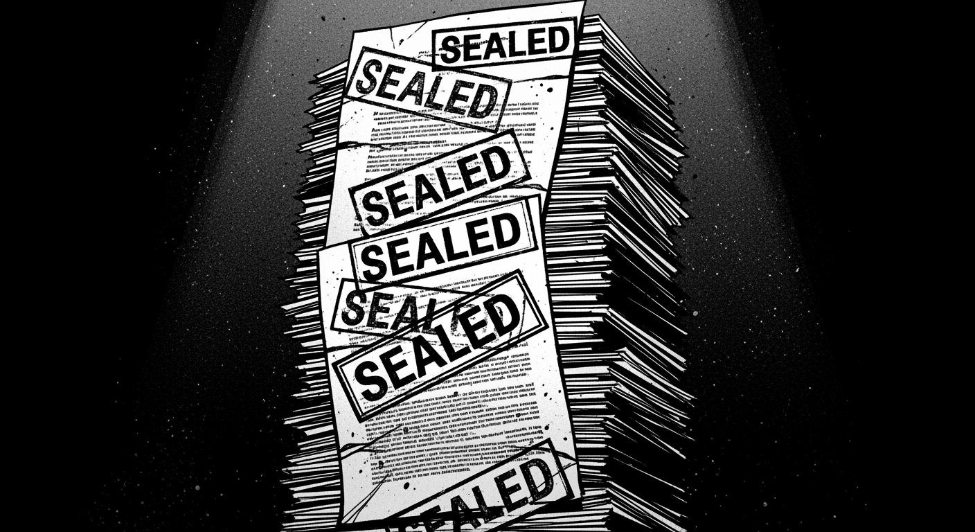 Frank Miller style comic panel Stack of classified documents with SEALED stamps dramatic overhead lighting heavy shadows obscuring text noir aesthetic high contrast black and white ink splatter details_image_1