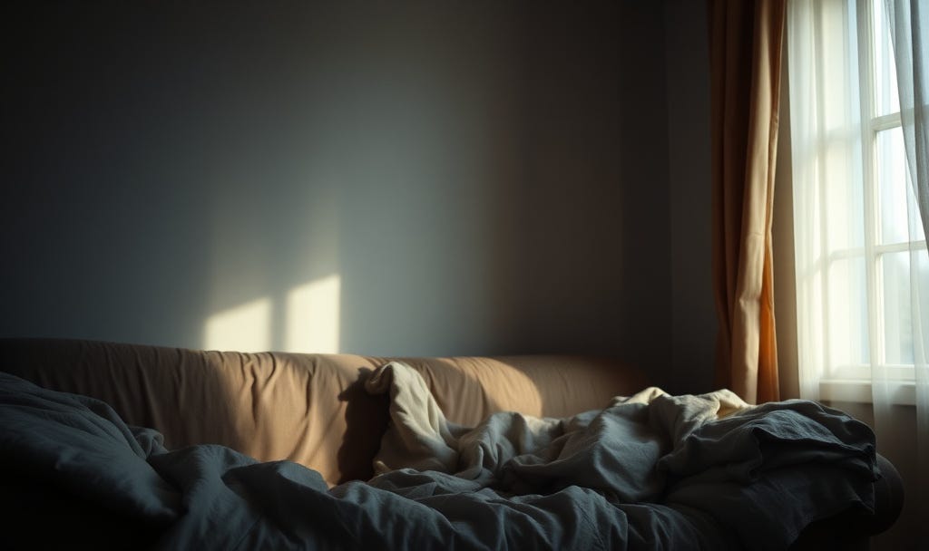 A softly lit domestic interior. A couch or bed with rumpled blankets, a window with diffused light. Heavy quiet atmosphere. Warm but slightly melancholy. 