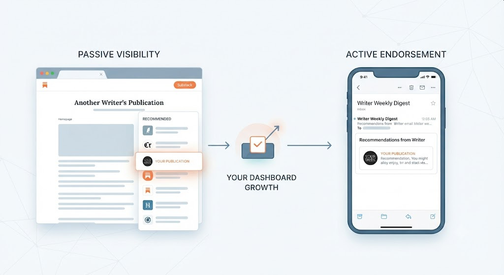 This graphic illustrates the two main ways your recommendation appears to others. The left side, "Passive Visibility," shows your publication listed in the sidebar of another writer's homepage. The right side, "Active Endorsement," shows how your publication appears directly within a dedicated recommendations digest email sent by the other writer. This graphic illustrates the two main ways your recommendation appears to others. The left side, "Passive Visibility," shows your publication listed in the sidebar of another writer's homepage. The right side, "Active Endorsement," shows how your publication appears directly within a dedicated recommendations digest email sent by the other writer.