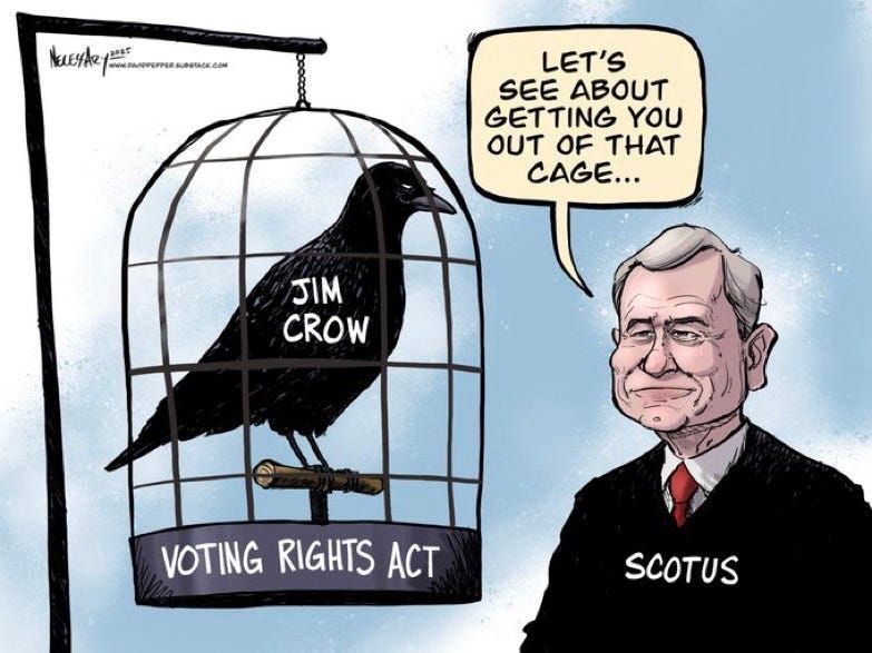 May be an illustration of text that says 'Necyte 60M NELEYAke M 302T NHUPR รลิ LET'S SEE ABOUT GETTING YOU OUT OF THAT CAGE... JIM CROW VOTING VOTINGRIGHTSACT RIGHTS ACT SCOTUS' May be an illustration of text that says 'Necyte 60M NELEYAke M 302T NHUPR รลิ LET'S SEE ABOUT GETTING YOU OUT OF THAT CAGE... JIM CROW VOTING VOTINGRIGHTSACT RIGHTS ACT SCOTUS'