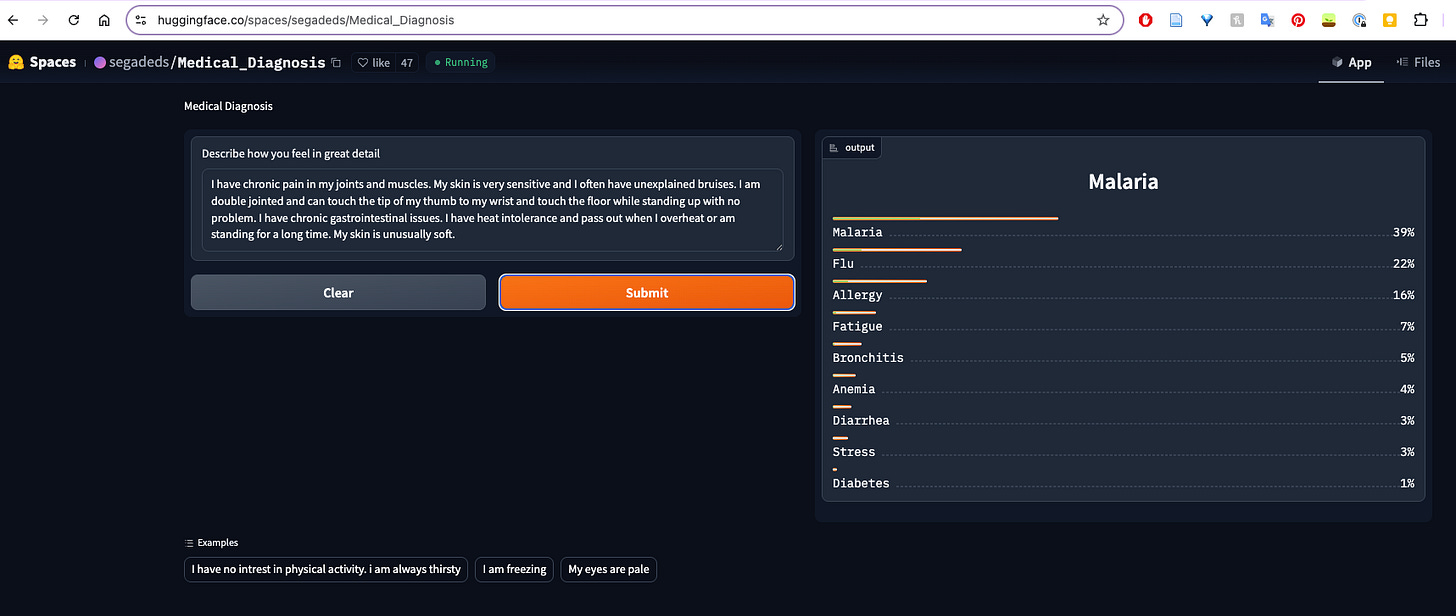 A screenshot from an AI model that asks you to "describe how you feel in great detail" and then outputs possible diagnoses.