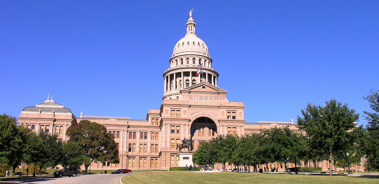 Photo: Texas State Capitol. Wikimedia Commons user Daniel Mayer / CC BY-SA 4.0 https://commons.wikimedia.org/wiki/File:Texas_State_Capitol_building-front_left_front_oblique_view.JPG.