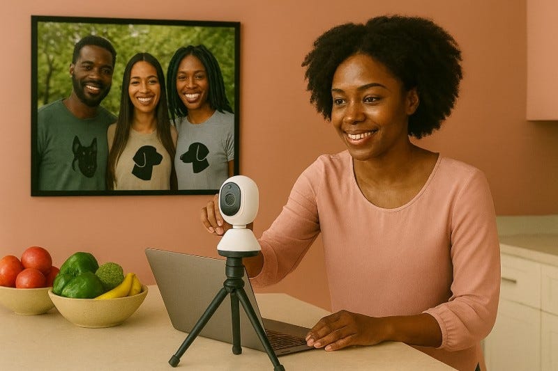 Woman adjusts indoor camera on tripod. Her home has a fruit basket on the counter and a large photo of three friends wearing dog shirts.