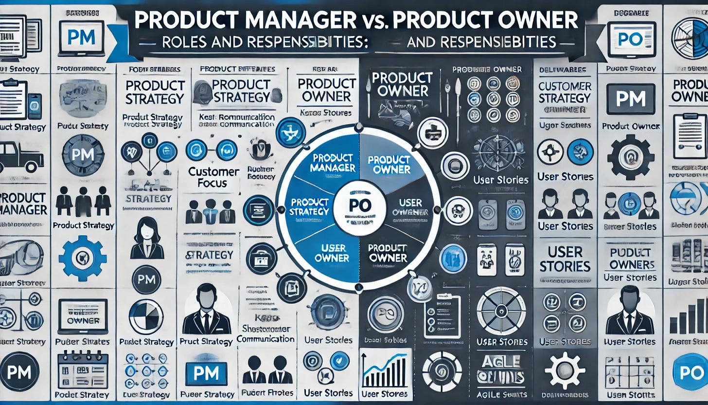 A professional infographic with a side-by-side comparison table for the roles of Product Manager (PM) and Product Owner (PO). The table highlights key differences and overlaps, including focus areas, key responsibilities, and deliverables. The design uses a clean, modern aesthetic with corporate colors like blue and grey, with icons representing product strategy, roadmaps, user stories, and Agile sprints. The infographic includes a clear title at the top: 'Product Manager vs. Product Owner: Roles and Responsibilities' and has a Venn diagram showing overlapping responsibilities such as customer focus and stakeholder communication, with PM and PO-specific areas on either side.