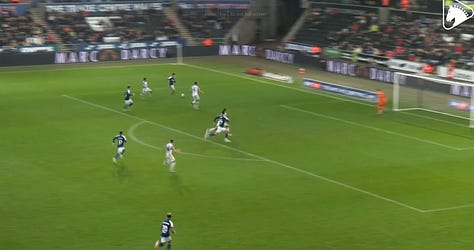 Three images depicting Conor Chaplin separating from his marker before scoring against Swansea