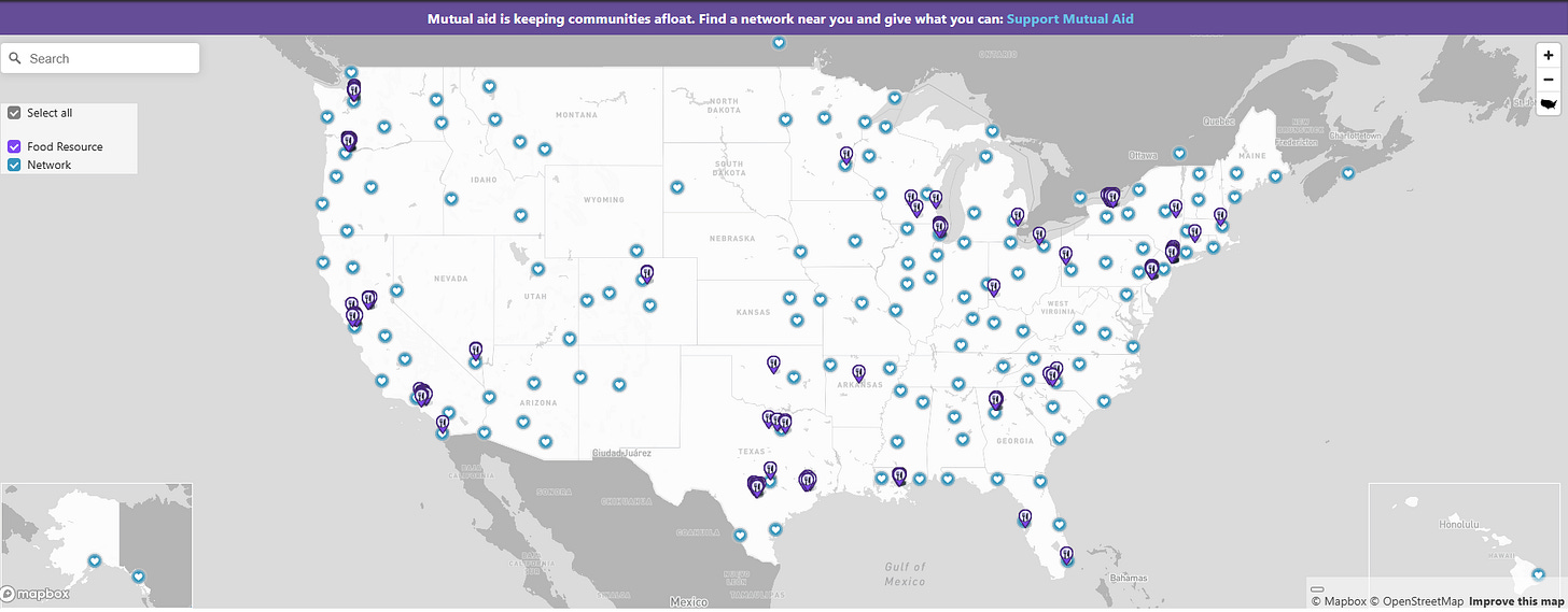 Map of the United States showing hundreds of community mutual aid networks and food resource locations from MutualAidHub.org, helping people find local support and connect with nearby volunteers.