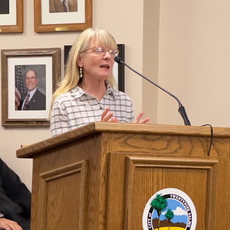 Wendy Hunt, Anna Stump, Gretchen Grunt, Eileen Leslie, Mary Jane Binge and Marco Del Piero speaking during public comment in support of the 29 Palms' Farmers Market