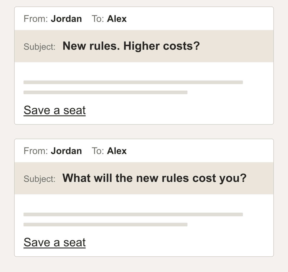 Two emails show different text in the Subject field while keeping the sender, body and registration offer the same.