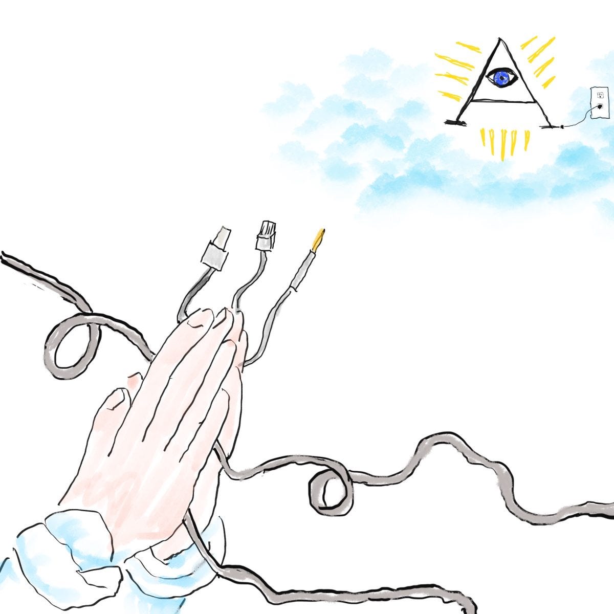 A cartoon drawing of hands in prayer with computer and phone cables flowing from the fingers toward a glowing letter A in the upper right corner that looks similar to the AA triangle symbol A cartoon drawing of hands in prayer with computer and phone cables flowing from the fingers toward a glowing letter A in the upper right corner that looks similar to the AA triangle symbol