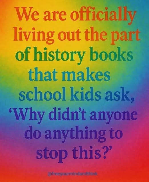 May be an image of text that says 'We are officially living out the part of history books that makes school kids ask, 'Why didn't anyone do anything to stop this?' @freeyourmindandhink'