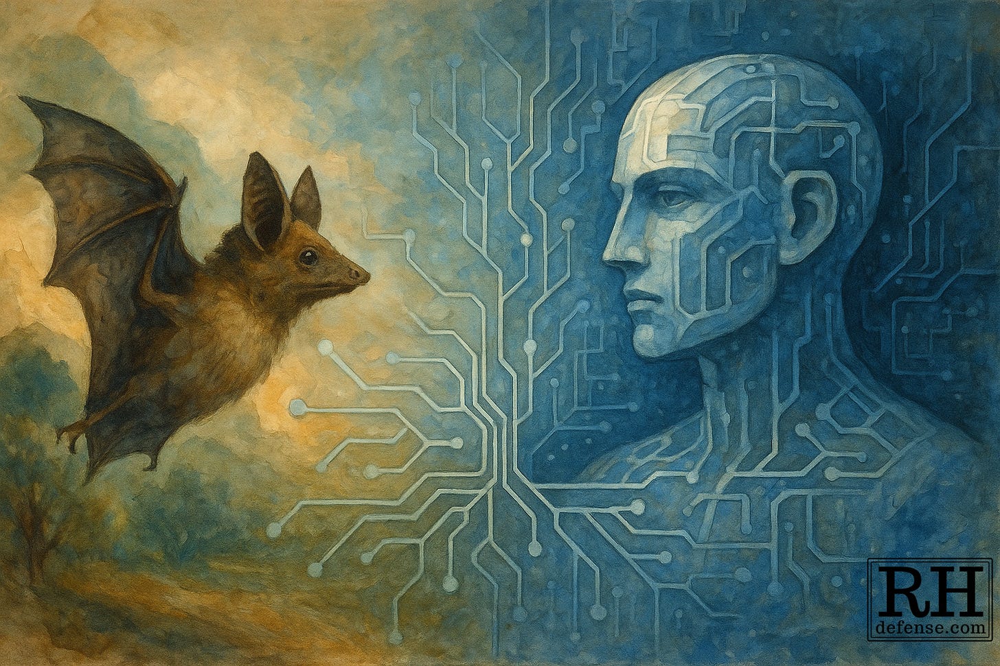 A watercolor-and-oil painting showing a bat flying toward a humanoid figure whose face and body are formed from circuit patterns and glowing neural lines. The background transitions from warm, natural tones on the bat’s side to cool, digital blues on the humanoid’s side, symbolizing the meeting of organic consciousness and artificial intelligence