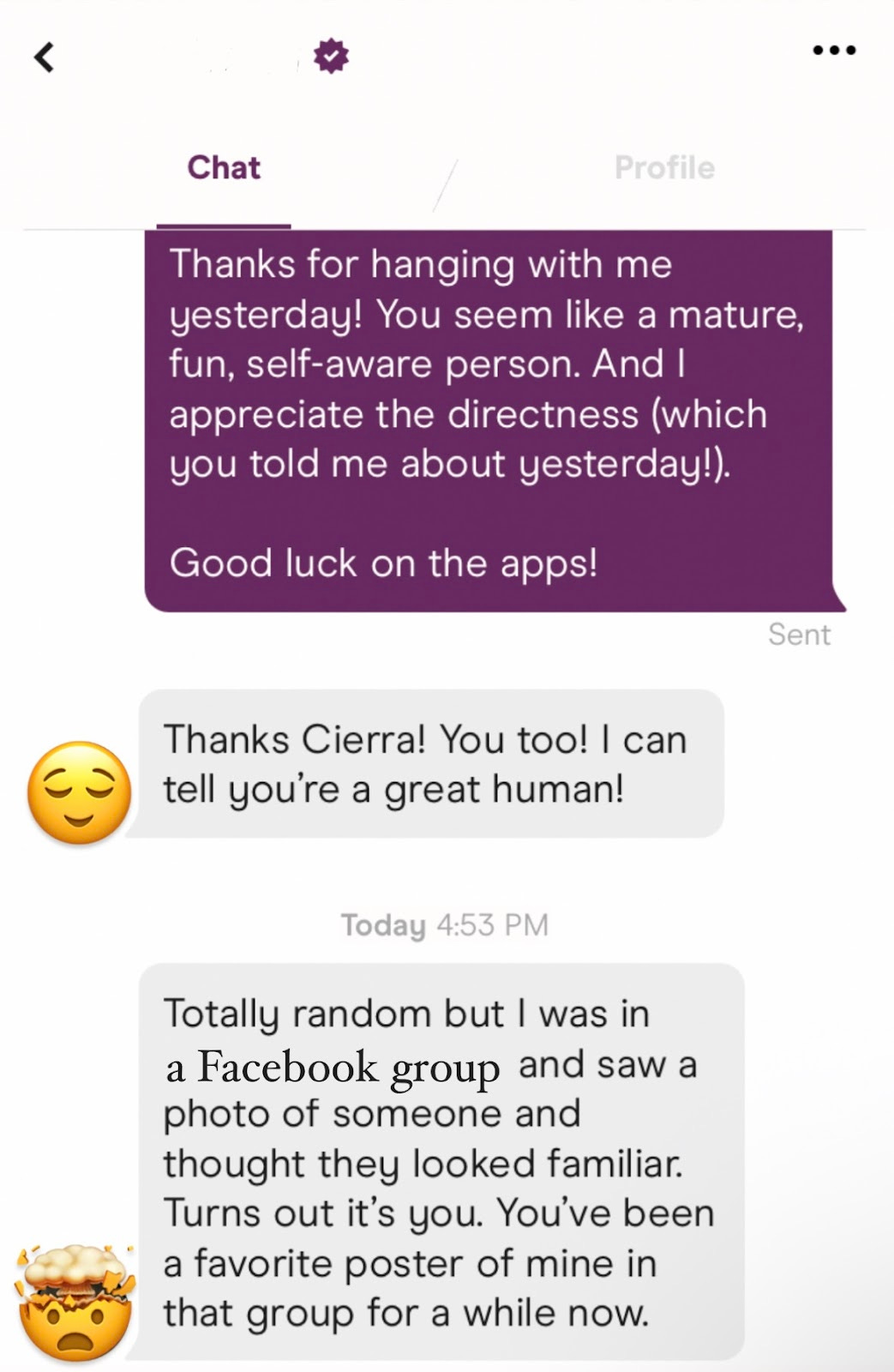 A screenshot from Hinge of a guy reaching back out to me to tell me I was someone he admired from a Facebook group, and he didn't realize it until now.