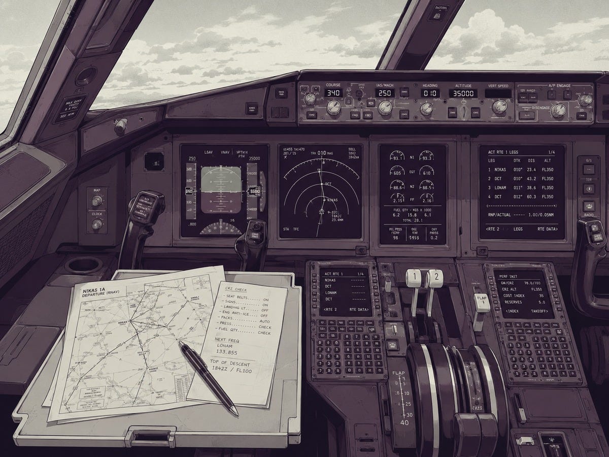 Graphic-novel-style view of an empty modern airplane cockpit, with illuminated automated controls surrounding a lowered tray table holding paper flight charts and a pen. Graphic-novel-style view of an empty modern airplane cockpit, with illuminated automated controls surrounding a lowered tray table holding paper flight charts and a pen.