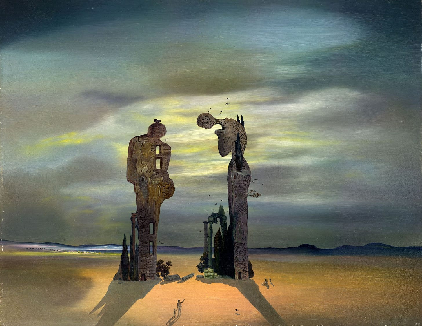 surrealist landscape with two tall figures standing on a sandy ground, with an ominous sky surrealist landscape with two tall figures standing on a sandy ground, with an ominous sky
