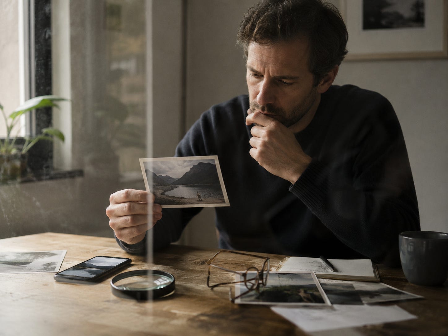 Un bărbat examinează atent o fotografie tipărită, lângă un telefon, o lupă și câteva documente, sugerând dificultatea de a dovedi autenticitatea într-o lume în care imaginile pot fi generate cu AI. Un bărbat examinează atent o fotografie tipărită, lângă un telefon, o lupă și câteva documente, sugerând dificultatea de a dovedi autenticitatea într-o lume în care imaginile pot fi generate cu AI.