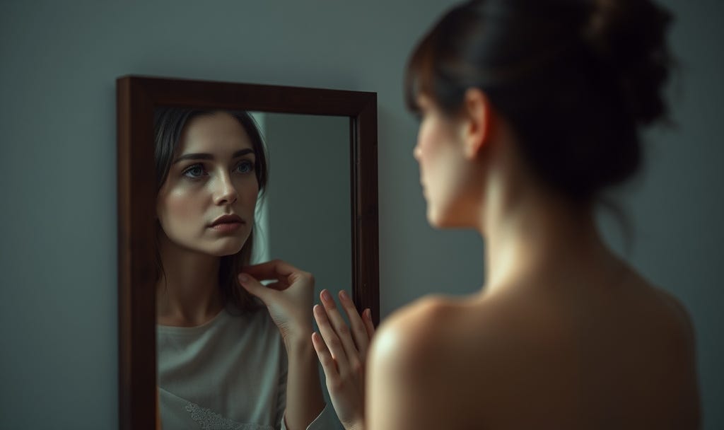 A conceptual image of a woman looking into a mirror, but the reflection is slightly different—subtly altered expression and posture, representing identity and perception tension, soft natural lighting, muted tones, minimal environment, shallow depth of field, emotional and introspective, fine art photography style, no text A conceptual image of a woman looking into a mirror, but the reflection is slightly different—subtly altered expression and posture, representing identity and perception tension, soft natural lighting, muted tones, minimal environment, shallow depth of field, emotional and introspective, fine art photography style, no text