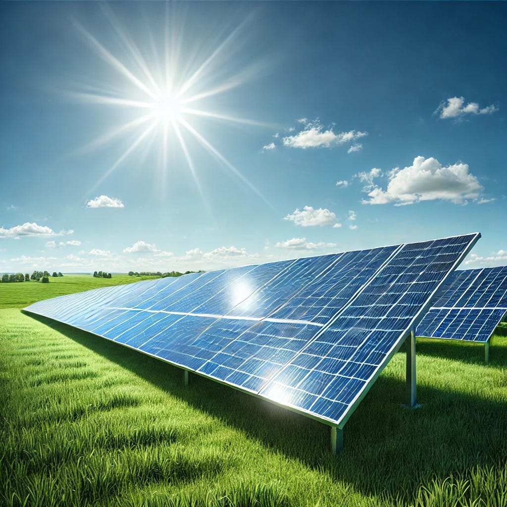 A high-quality, realistic image of modern solar panels stretching across a green field under a clear, sunny blue sky. The solar panels have straight, precise grid lines and are angled perfectly toward the sun. The panels are sleek and uniform, with lush grass surrounding them and a few distant trees in the background. The scene represents clean energy, sustainability, and progress. No people are present in the image.