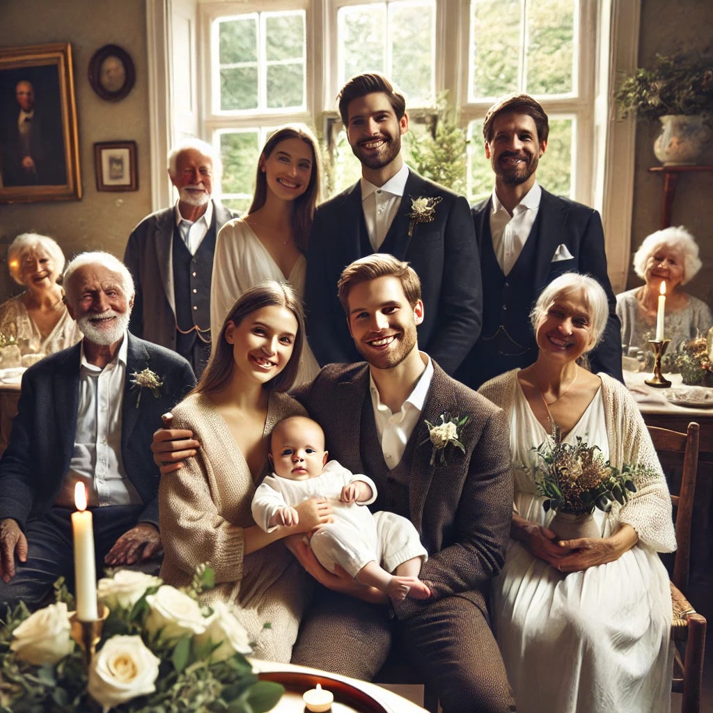 A smiling family holding their baby, surrounded by relatives and friends A smiling family holding their baby, surrounded by relatives and friends