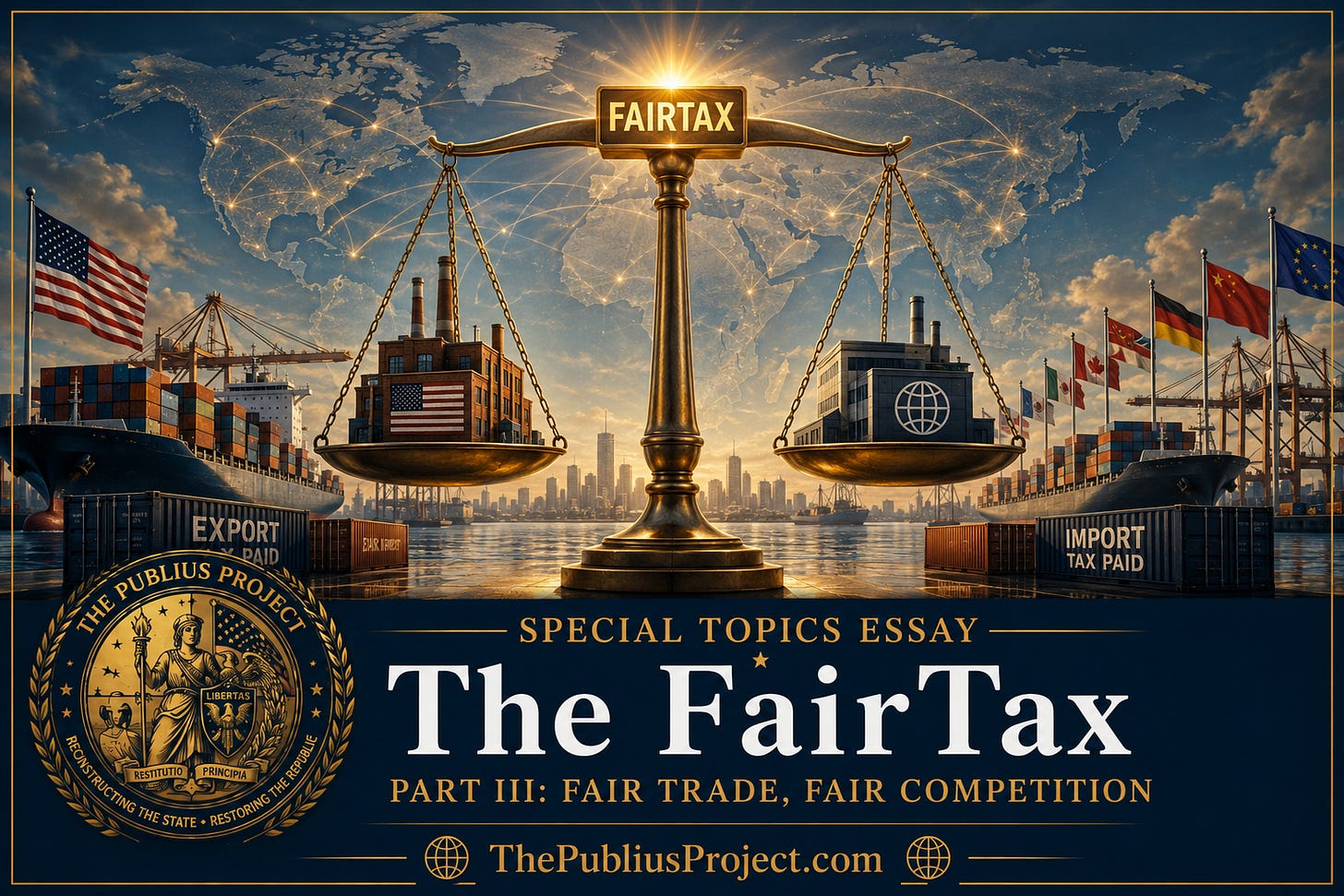 A cinematic illustration shows a large golden balance scale standing in a busy international port. On one side is American manufacturing with a U.S. flag and export containers; on the other side are foreign factories, ships, and import containers. A glowing world map fills the background, symbolizing global trade and border neutrality. The bottom banner reads: “Special Topics Essay — The FairTax — Part III: Fair Trade, Fair Competition — ThePubliusProject.com.” A cinematic illustration shows a large golden balance scale standing in a busy international port. On one side is American manufacturing with a U.S. flag and export containers; on the other side are foreign factories, ships, and import containers. A glowing world map fills the background, symbolizing global trade and border neutrality. The bottom banner reads: “Special Topics Essay — The FairTax — Part III: Fair Trade, Fair Competition — ThePubliusProject.com.”