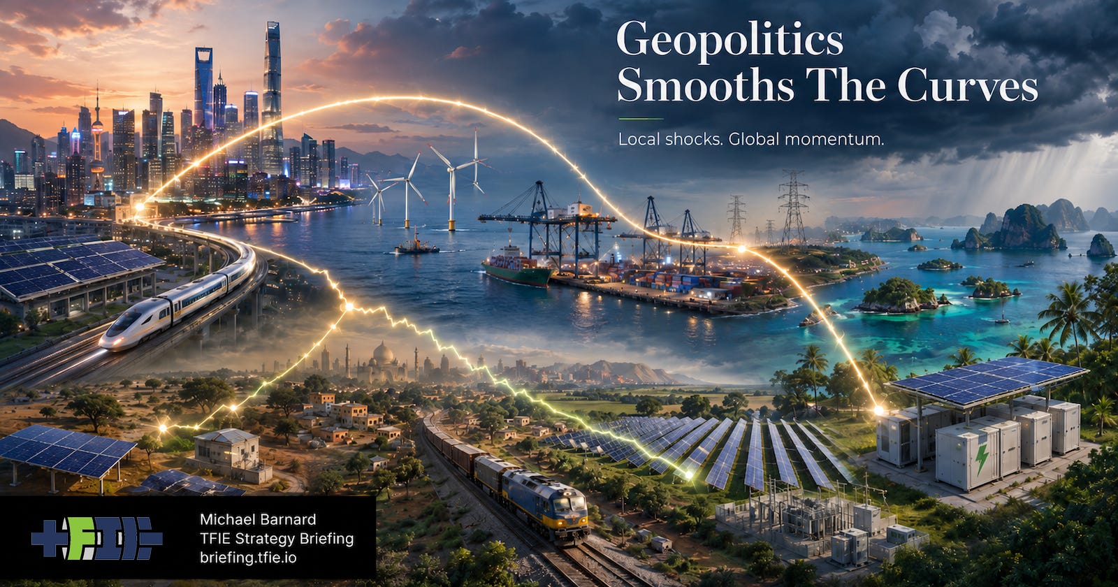 Hero graphic showing a global transition landscape with uneven national pathways, clean infrastructure, grids, ports, solar, wind, batteries, and trade routes converging into a broader upward curve.