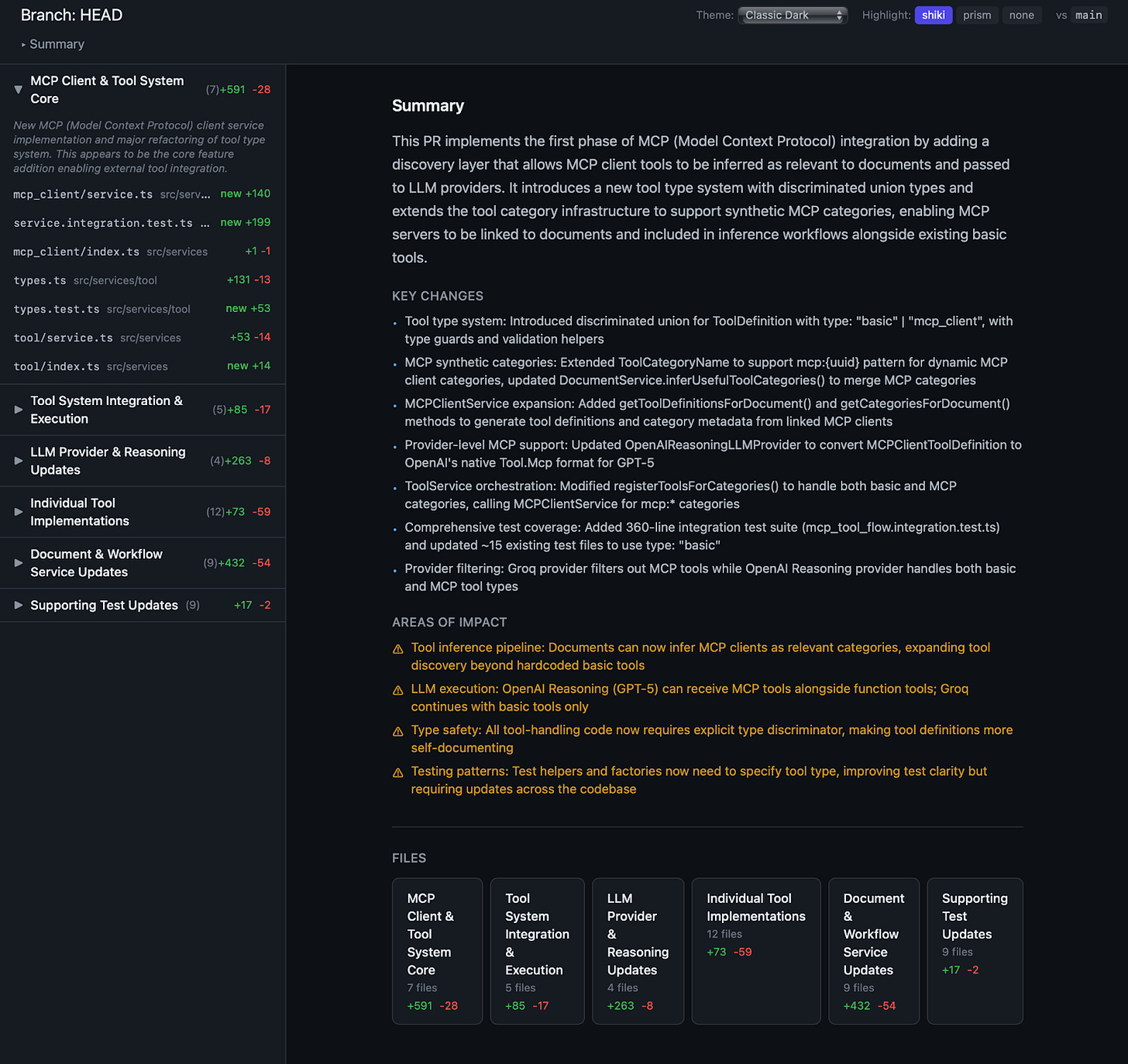 A prism review page similar to the above screenshot, but this screenshot in dark mode and for a code change related to MCP support. A prism review page similar to the above screenshot, but this screenshot in dark mode and for a code change related to MCP support.
