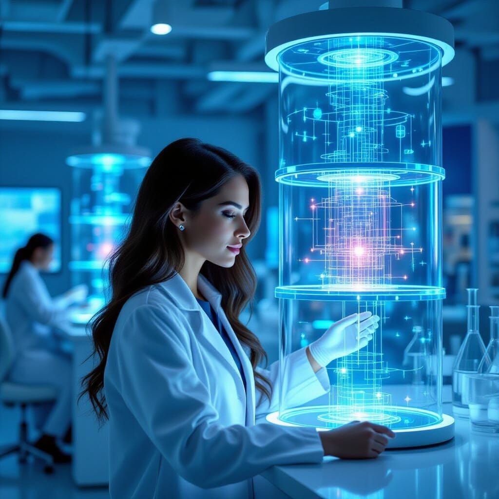 "A Brunete beautiful Research team member with styled long hair with three-tier holographic architecture display showing...