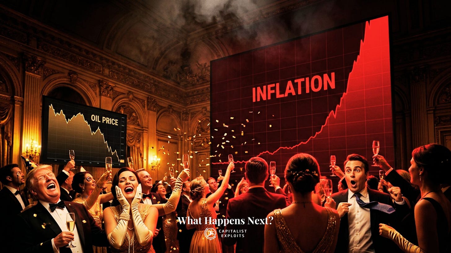 Wealthy party guests celebrate amid rising inflation and falling oil price charts