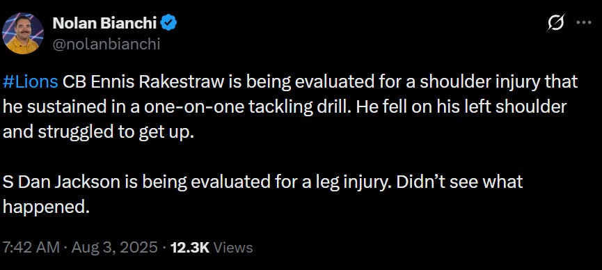 Ennis Rakestraw Jr. Detroit Lions training camp injury analysis