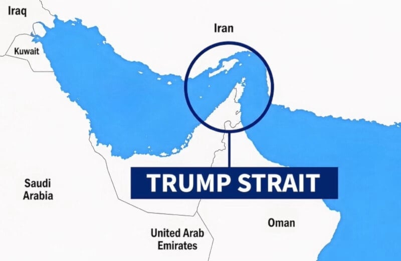 The altered map depicting the Strait of Hormuz as being labeled 'Trump Strait' as posted on US President Donald Trump's Truth Social account, on September 26, 2026 (Truth Social @realDonaldTrump) The altered map depicting the Strait of Hormuz as being labeled 'Trump Strait' as posted on US President Donald Trump's Truth Social account, on September 26, 2026 (Truth Social @realDonaldTrump)
