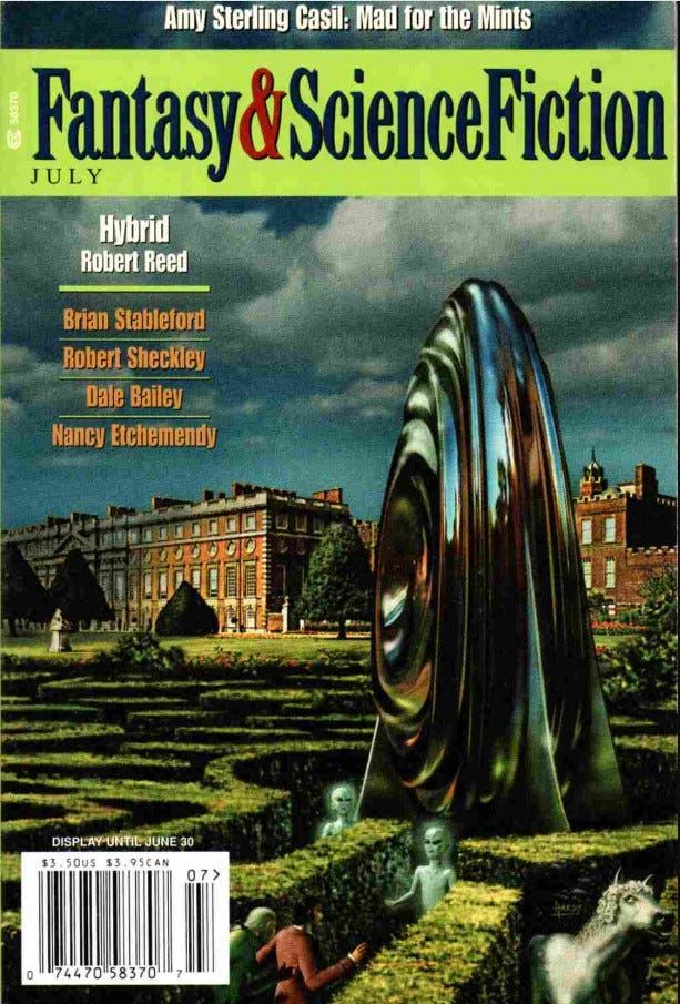 Foreground is a hedge maze with Hampton Court in the background. A large silver object sits in the middle of the hedge maze where two aliens, two humans, and a horse are near each other.